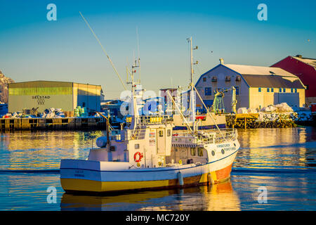 SVOLVAER, LOFOTEN ISLANDS, NORWAY - APRIL 10, 2018: View of Fishing boat in harbour, Svolvaer, Lofoten Islands County is located on the island of Austvagoya and is the largest town Stock Photo