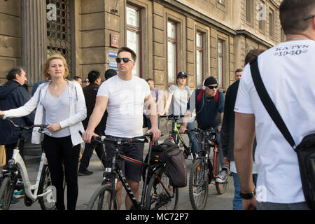 WARSAW, POLAND - April 08, 2018 People on the central street of Warsaw Stock Photo