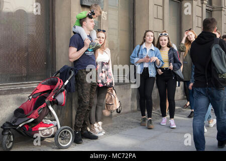 WARSAW, POLAND - April 08, 2018 People on the central street of Warsaw Stock Photo