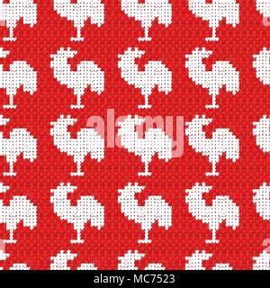 Knitting red with roosters Stock Vector