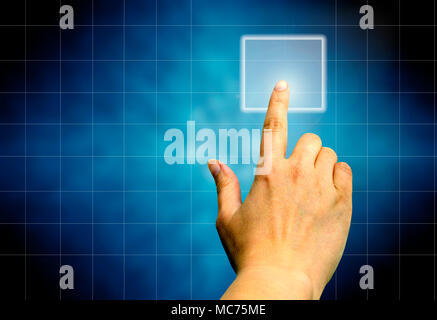 female hand pushing a button on a screen Stock Photo