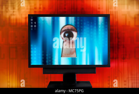 eye spying from monitor keyhole, internet security and privacy violation concept Stock Photo