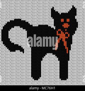 Funny black cat with red tie over white, knitting vector pattern as a fabric texture Stock Vector