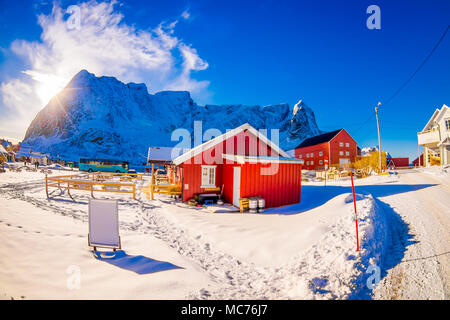 SVOLVAER, LOFOTEN ISLANDS, NORWAY - APRIL 10, 2018: Outdoor view of beautiful rorbu or fisherman houses in a small town in Svolvaer Lofoten Islands Stock Photo