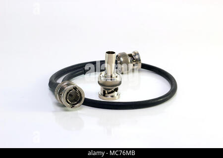 Two bnc connector with coaxial cable on white background. Stock Photo