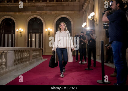 Barcelona, Spain. 13th Apr, 2018. Junts per Catalunya (JxCAT) member Elsa Artadi arrives to the Catalonia Parliament. Catalan  Parliament agrees a lawsuit against judge Pablo Llarena, the complaint has been agreed by the pro-independence parties as their response to the judge's decision to not allow Jordi Sanchez to attend the debate on his investiture as president. Credit:  Jordi Boixareu/Alamy Live News Stock Photo