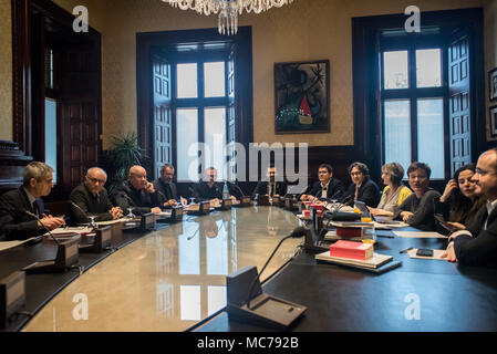 Barcelona, Spain. 13th Apr, 2018. Catalan parliament president Roger Torrent  attends a meeting with the regional government at Catalonian parliament. Catalan  Parliament agrees a lawsuit against judge Pablo Llarena, the complaint has been agreed by the pro-independence parties as their response to the judge's decision to not allow Jordi Sanchez to attend the debate on his investiture as president. Credit:  Jordi Boixareu/Alamy Live News Stock Photo
