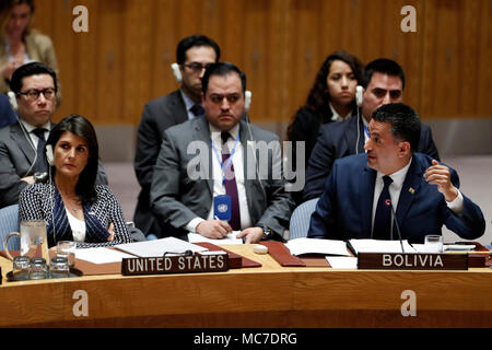 Untied Nations, Front) addresses a Security Council meeting at the UN headquarters in New York. 13th Apr, 2018. Bolivian Ambassador to the United Nations Sacha Llorenti (R, Front) addresses a Security Council meeting at the UN headquarters in New York, on April 13, 2018. UN Secretary-General Antonio Guterres on Friday warned of the danger of a full-blown military escalation in Syria. Credit: Li Muzi/Xinhua/Alamy Live News Stock Photo