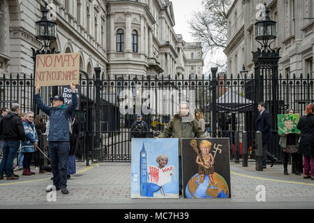 London, UK. 13th April 2018. Demonstration by anti-war protesters organised by Stop the War Coalition staged opposite Downing Street against proposed air strikes on Syria. Credit: Guy Corbishley/Alamy Live News Stock Photo