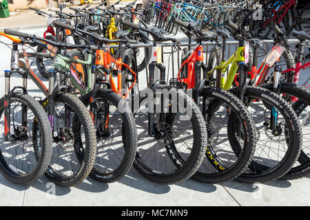 New bicycles on display; Sub Culture Cyclery; National Historic District; bicycle shop in downtown Salida; Colorado; USA Stock Photo