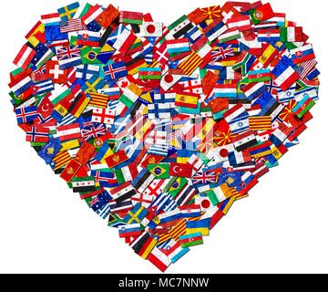 Flags of world countries and in heart love shape on white background: England Russia Italy Spain Scotland Germany US, China Greece France Brazil Japan Stock Photo