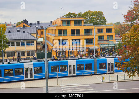 Tram passing in front of  the ABBA Museum, Djurgarden, Stockholm, Sweden, Scandinavia Stock Photo