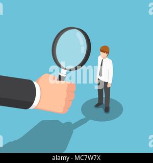 Flat 3d isometric businessman hand with magnifying glass hiring business people.  Recruitment and human resources concept. Stock Vector