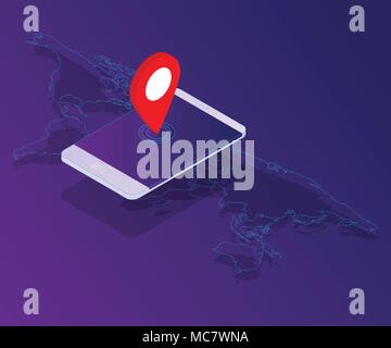smartphone with red pin location on world map vector isometric background Stock Vector