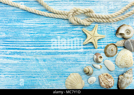 sea shells, stones, star fish and rope on blue wooden background. marine life decoration concept. Stock Photo