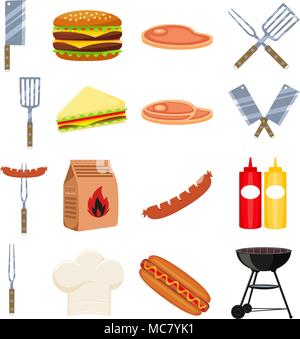 Colorful cartoon bbq outdoors 16 element set Stock Vector