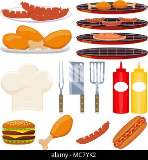Colorful cartoon bbq cooking 15 element set Stock Vector