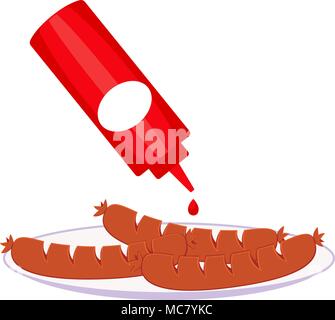 Colorful cartoon sausage ketchup mustard plate Stock Vector