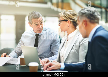 Group of three mature businesspeople sitting at a table in an office having a meeting together and using a laptop Stock Photo