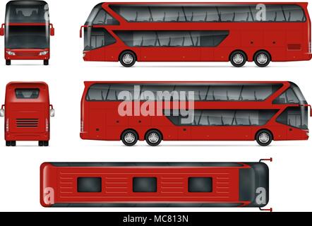 Bus vector mock-up Isolated template of red travel coach on white. Vehicle branding mockup, view from side, front, back and top. Stock Vector