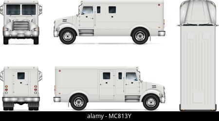 Armored truck vector mock-up. Isolated template of armor van on white. Vehicle branding mockup. Side, front, back, top view. Easy to edit and recolor. Stock Vector