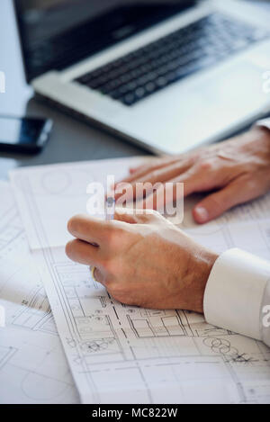 Engineering, blueprint and business man drawing, planning sketch and ...
