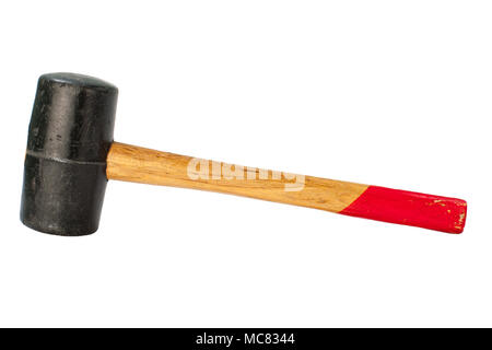 used black Rubber Mallet with red wooden handle isolated on white background. Stock Photo