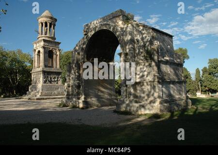The ancient Roman remains known to Nostradamus - at Glanum, about a mile to the south of his native town, Saint-Remy. He mentioned these remains in his quatrains on several occasions. Stock Photo
