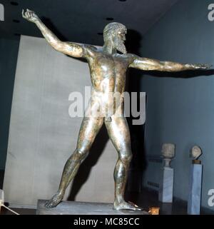 Greek mythology. Bronze statue of Poseidon the sea-god, dredged from the bottom of the sea, off Artemision, in 1928. Now in the National Museum, Athens. Stock Photo