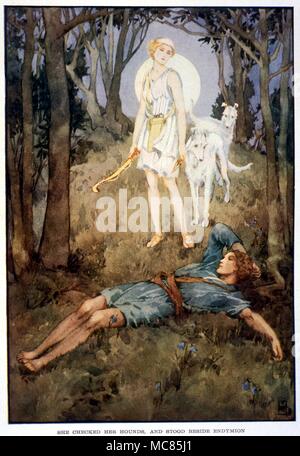 Greek mythology. The Moon goddess, Diana, falling in love with the sleeping shepherd, Endymion. Illustration by Helen Stratton, 1915, for 'A Book of Myths' Stock Photo