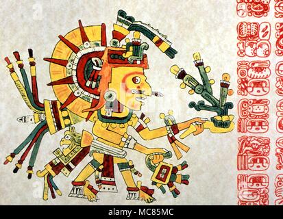 CALENDARS - (Aztec) The Sun god (Tonatiuh) of the Mayan astrological system, with calendric glyphs. Artwork (figure) after the Codex Cospi, (glyphs) from Copan, as recorded by Zimmermann Stock Photo