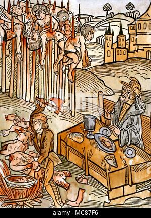 Torture Beheading and impaling of prisoners before Vlad the Impaler who enjoys a meal while inspecting the horrors. Early 16th century woodcut Stock Photo