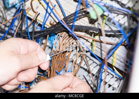 engineer hands installing electrical components in fuse box. Industry 4. Measuring voltage Stock Photo