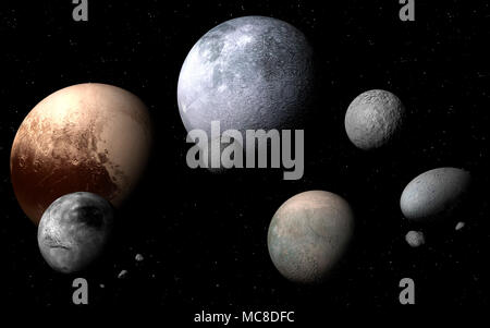 Dwarf planets and moons, illustration. A dwarf planet is a planetary mass object orbiting the Sun that is not a true planet. They are massive enough for their self-gravities to crush them into spheres, but they have not cleared the neighborhood of other material around their orbits. Ceres, for example, shares its orbit with other asteroids. All the other dwarf planets so far known are found beyond Neptune, in a region of the Solar System full of debris called the Kuiper belt. Stock Photo