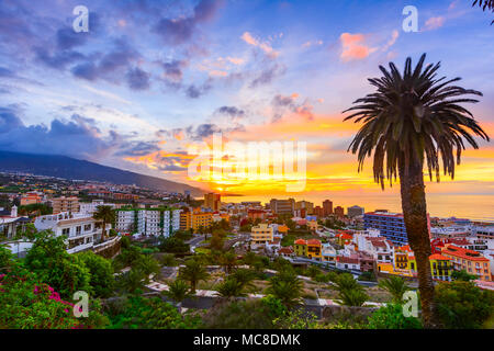 Puerto de la Cruz, Tenerife, Canary islands, Spain: Sceninc view over the city at the sunset time Stock Photo