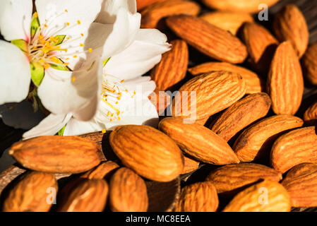 Top view almonds and beautiful white flowers of almond tree on dark wooden surface. Selective focus. Healthy food concept Stock Photo