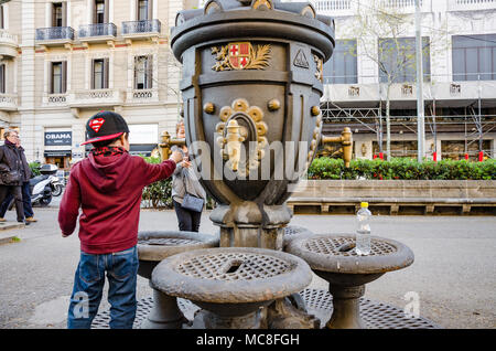 Font de Canaletes is a drinking fountain on La Rambla in Barcelona, Spain. Stock Photo