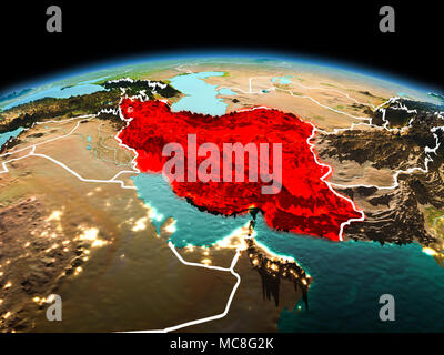 Morning above Iran highlighted in red on model of planet Earth in space with visible border lines and city lights. 3D illustration. Elements of this i Stock Photo