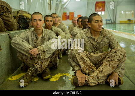 Recruits with India Company, 3rd Recruit Training Battalion, sit in columns during the Water Survival Basic Qualification at Marine Corps Recruit Depot San Diego, March 27. The qualification is designed to prepare recruits for potential scenarios they may encounter in their careers. Annually, more than 17,000 males recruited from the Western Recruiting Region are trained at MCRD San Diego. India Company is scheduled to graduate May 25. Stock Photo