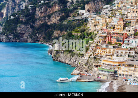 Boat sailing into the sea from Amalfi Coast, Italy in the morning. Stock Photo