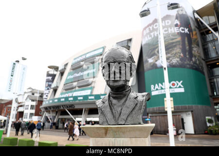 General view of a bust of horse racing commentator Peter O'Sullevan outside the parade ring during Grand National Day of the 2018 Randox Health Grand National Festival at Aintree Racecourse, Liverpool. Stock Photo