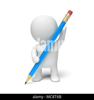 white 3d person holding a big blue pencil (3D illustration isolated on a white background) Stock Photo