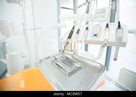 Set of electric drills for healing teeth and handtools for oral check-up in dentist clinics Stock Photo