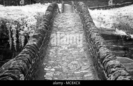 black and white close up view of historic stone bridge from Roman times in a secluded mountain valley Stock Photo