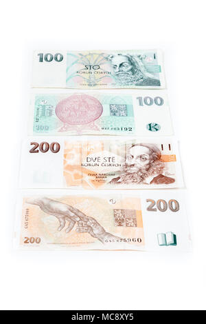 Czech money. Front and rear of 100 and 200 Korun banknotes Stock Photo