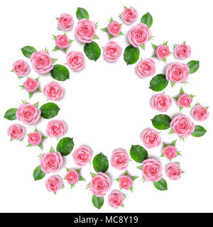 Rond frame Wreath made of pink roses isolated on white background. Gentle circular floral ornament. Flower mandala Stock Photo