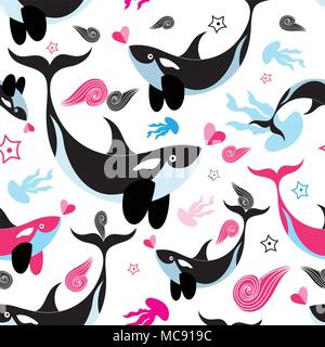 Seamless sea pattern enamored whales on a white background Stock Vector