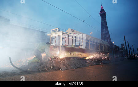 The Hulk stops traffic in Blackpool as he arrives with a bang in a groundbreaking stunt by Madame Tussauds Blackpool.  The spectacular scene which saw the green Avenger appear to dramatically stop a vintage tram in its tracks was created by Madame Tussauds Blackpool to mark the launch of the new Marvel Superheroes area, where The Hulk will be joined by his fellow Avengers Thor and Spider-man among others in a £1million, 5,501 square foot addition to the popular attraction, which opens next Friday (23March18).  Featuring: The Hulk Where: Blackpool, United Kingdom When: 15 Mar 2018 Credit: Joe P Stock Photo