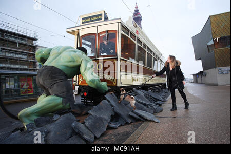 The Hulk stops traffic in Blackpool as he arrives with a bang in a groundbreaking stunt by Madame Tussauds Blackpool.  The spectacular scene which saw the green Avenger appear to dramatically stop a vintage tram in its tracks was created by Madame Tussauds Blackpool to mark the launch of the new Marvel Superheroes area, where The Hulk will be joined by his fellow Avengers Thor and Spider-man among others in a £1million, 5,501 square foot addition to the popular attraction, which opens next Friday (23March18).  Featuring: The Hulk Where: Blackpool, United Kingdom When: 15 Mar 2018 Credit: Joe P Stock Photo