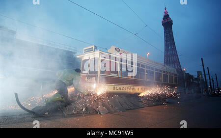 The Hulk stops traffic in Blackpool as he arrives with a bang in a groundbreaking stunt by Madame Tussauds Blackpool.  The spectacular scene which saw the green Avenger appear to dramatically stop a vintage tram in its tracks was created by Madame Tussauds Blackpool to mark the launch of the new Marvel Superheroes area, where The Hulk will be joined by his fellow Avengers Thor and Spider-man among others in a £1million, 5,501 square foot addition to the popular attraction, which opens next Friday (23March18).  Featuring: The Hulk Where: Blackpool, United Kingdom When: 15 Mar 2018 Credit: Joe P Stock Photo